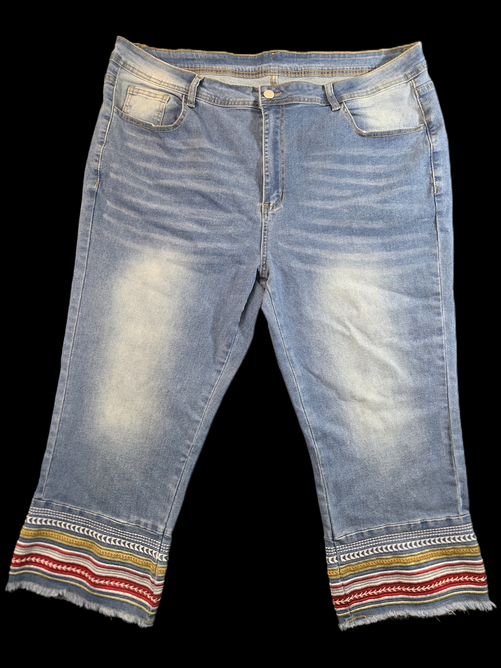 Cropped Embroidered-Hem Jeans - Light Blue